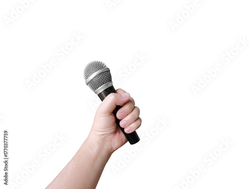 Man's hand holding microphone PNG transparent.