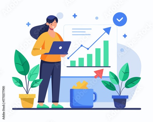 Businesswoman analyzing growth chart with laptop