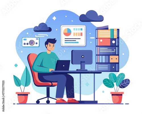 Man working from home with laptop and computer