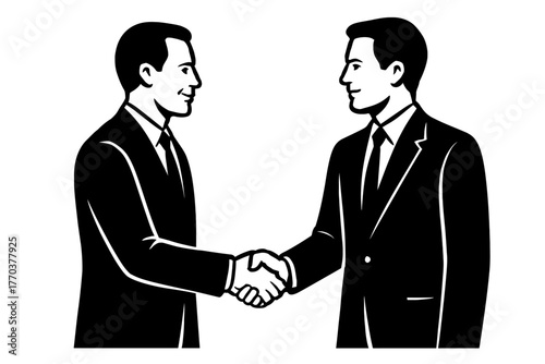 Two confident businessmen in sleek black suits engage in a firm handshake, symbolizing a strong professional partnership, agreement, and mutual trust.