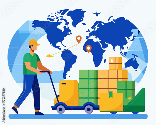 Man delivering packages with a cart in front of a world map