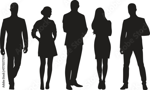 Business team silhouettes, professional people standing, corporate group illustration, teamwork concept, office staff diversity, leadership figures, formal attire, workplace unity,