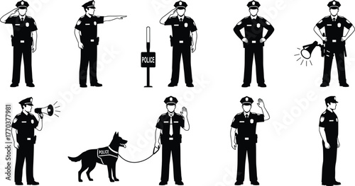Police officer silhouette, law enforcement vector, policeman policewoman, salute attention gesture, megaphone, police dog, flashlight, pointing, security guard, authority figure