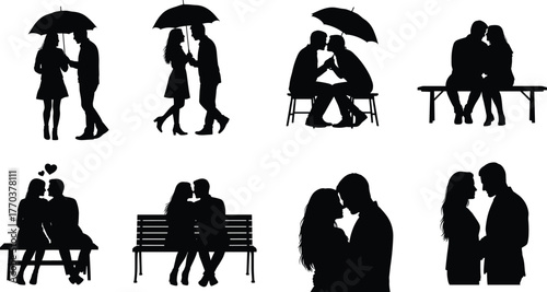 Romantic couple silhouettes under umbrella, kissing, sitting on bench, holding hands, love relationship, Valentine’s day, romance, affection, intimacy illustration