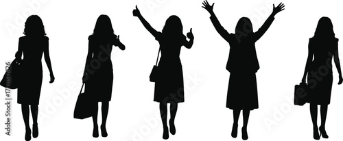 Businesswoman silhouette set, professional female figures in office attire, standing poses with handbag and briefcase, confident gestures, teamwork, leadership, success, corporate career illustration