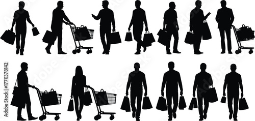 Shopping silhouette collection, consumer activity, retail lifestyle, people with bags, pushing carts, buying goods, market behavior, commerce, sale, purchase - flat vector