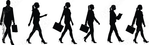 Businesswoman walking silhouette sequence with handbag, professional female character in motion, animation frames, corporate woman in high heels, dynamic business illustration design