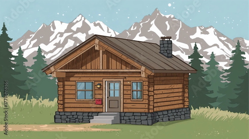Cozy Mountain Cabin with Wooden Exterior and Snowy Peaks.