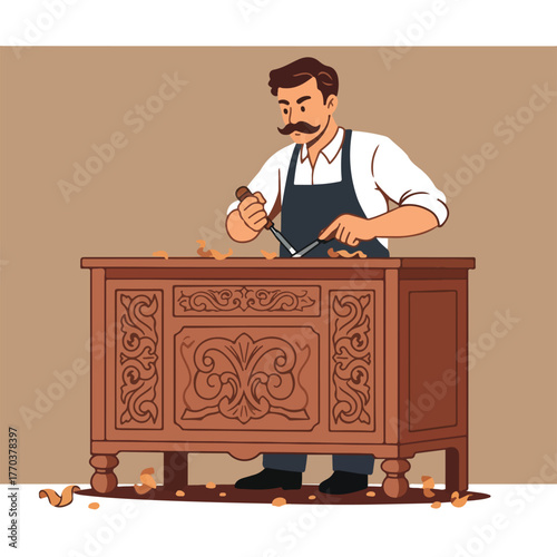 A mustached artisan carves wood on a decorative chest. Wood shavings and details are shown in this illustration