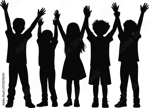 Children silhouettes raising hands in celebration, joyful kids unity concept, happy childhood freedom, teamwork together outdoors, friendship illustration, playful group energy