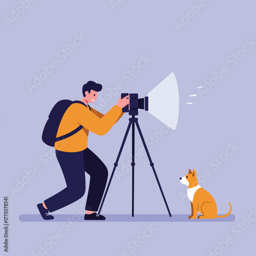 A photographer with a camera on a tripod is about to take a picture of a dog