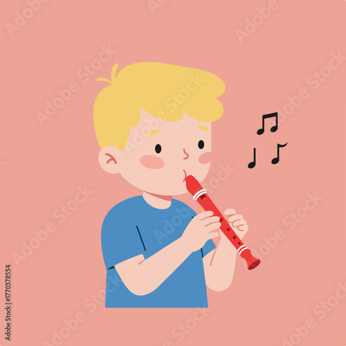 An illustration shows a blonde child playing a red recorder, with musical notes floating against a pink background