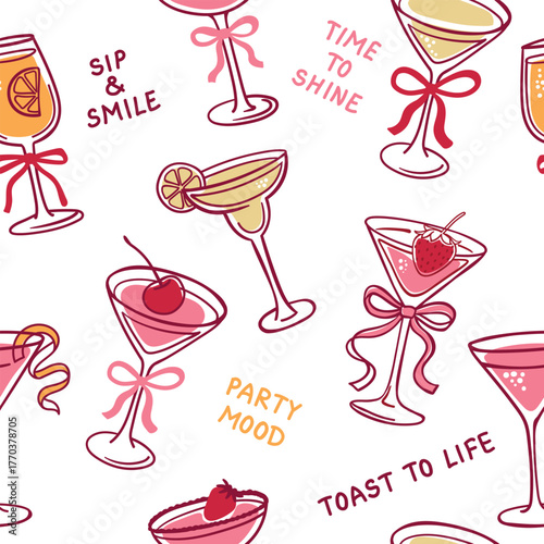 Seamless vector pattern with colorful cocktail glasses and fun phrases like “Party Mood” and “Toast to Life”. Ideal for party decor, prints, and festive packaging.