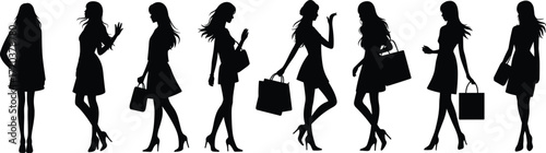 Fashion women silhouettes, stylish female models, shopping bags, retail lifestyle, elegant poses, trendy clothing, high heels, modern fashion illustration, boutique advertising,