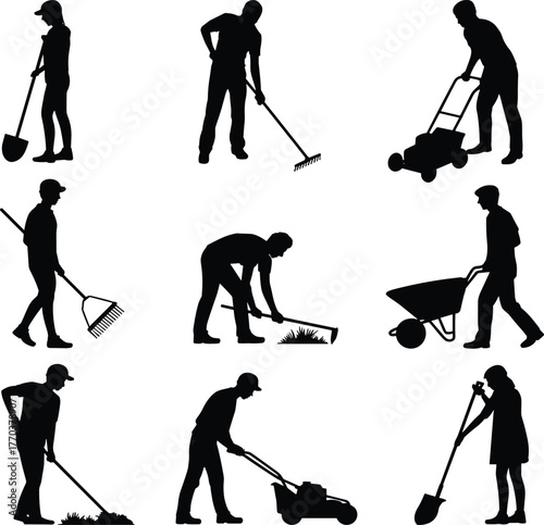Gardening silhouettes, landscaping workers, lawn care, shovel digging, rake leaves, mowing grass, wheelbarrow transport, outdoor maintenance, yard work, garden tools, seasonal cleanup, 