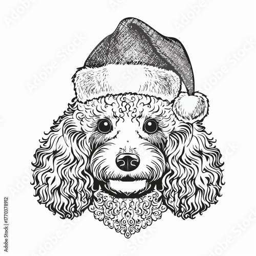 Poodle Santa Hat Sketch, Christmas Dog Illustration, Holiday Pet