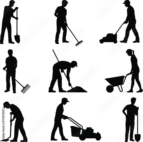 Gardening silhouettes, landscaping workers, lawn care, shovel, rake, wheelbarrow, lawnmower, soil digging, outdoor maintenance, farming tools, agriculture, yard work
