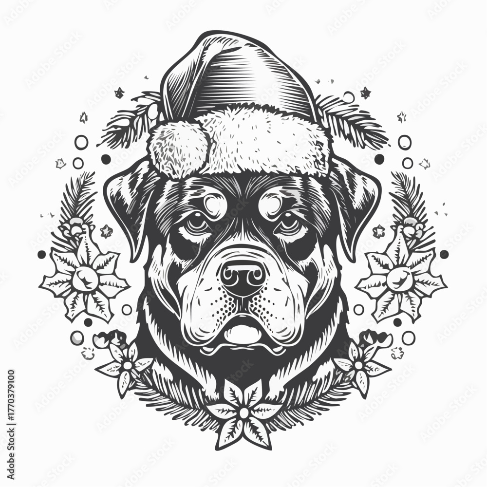 Fototapeta premium Rottweiler Christmas Hat Vector, Dog Holiday Illustration
