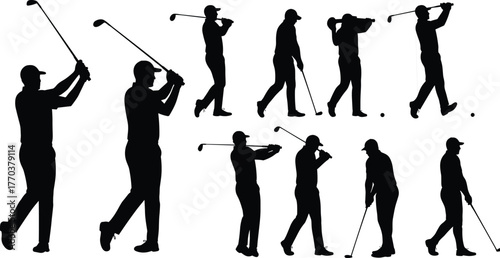Golf swing silhouette, golfer practicing swing, sports training illustration, athletic movement sequence, golfing technique, black silhouette figure, professional golf stance, dynamic motion