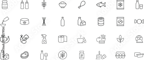 Grocery food and product categories line icon set. Vector pictograms of fruit, meat, pasta, beverage, snack, candy, sauce, cereal, grain, and wine thin linear illustration
