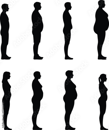 Human body silhouette profile set, male and female figure variations, slim to overweight progression, health fitness obesity comparison, anatomy shape diversity illustration collection