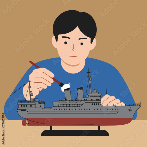 A person paints a model warship, focusing on details. The scene has a neutral background