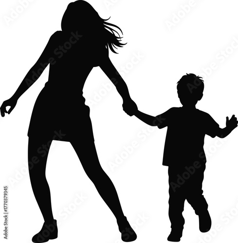 Silhouette adult woman holding child hand walking together, family bond, parenting care, mother and kid relationship, childhood support, parent guidance, love, trust, companionship