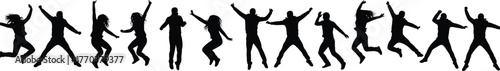 Jumping people silhouettes, group celebration poses, happy crowd energy, freedom expression, dynamic movement figures, joyful lifestyle concept, active human shapes