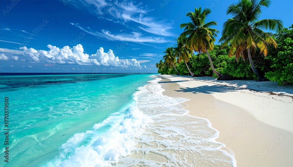 Fototapeta premium Perfect tropical beach white sand, turquoise water, and palm trees