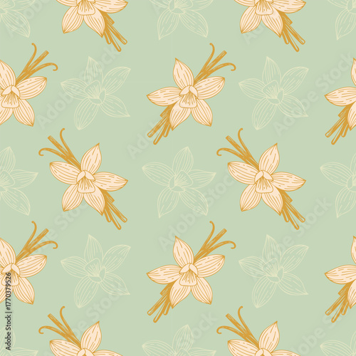 Vanilla aromatic spice pattern, cream flowers and golden vanilla bean sticks pattern on pastel green background.