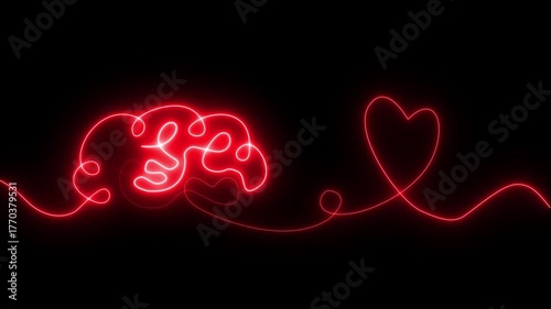 Glowing red  neon Brain with heart inside. One line drawing. symbolizing balance of mind and feelings, psychology, emotional intelligence, love, mental health,  connection of logic and emotion.
