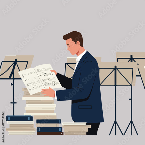 A suited man examines sheet music, surrounded by music stands and stacks of books. A vector illustration
