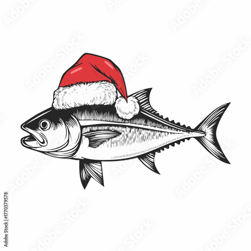 Christmas Tuna Fish Santa Hat Holiday Seafood Vector Illustration