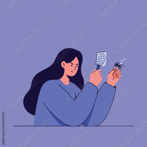An illustration shows a woman holding a fly swatter and a mosquito with an angry expression