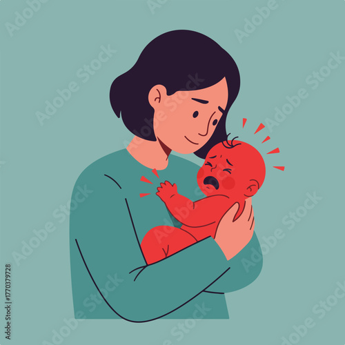 A cartoon depicts a mother holding a distressed, red-hued baby, emanating pain rays, in a calming pose
