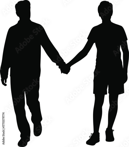 Silhouette couple holding hands walking together, man woman partnership unity relationship vector, friendship support teamwork bond, romantic love people stroll lifestyle design illustration