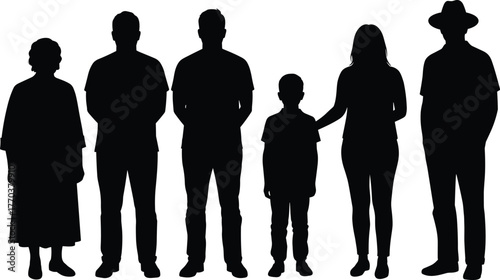 Silhouette family group diverse people standing together, elderly person adult child woman man hat, community diversity unity concept, generational connection illustration, social relationship design