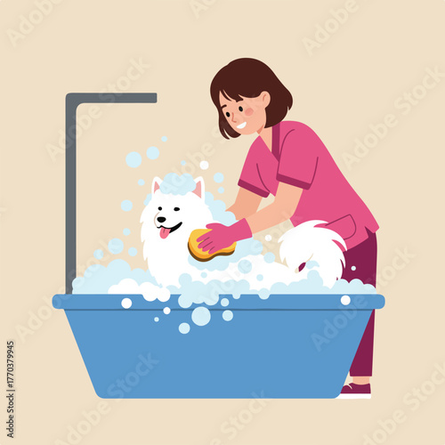 A person in pink scrubs bathes a fluffy, white dog in a blue tub with bubbles and a yellow sponge