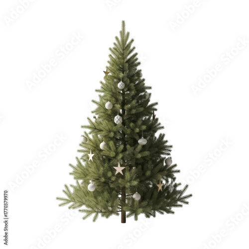 A beautifully decorated artificial christmas tree with white ornaments and star shaped lights isolated on transparent background