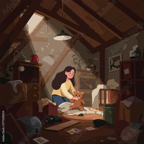 In a dusty attic, a saddened person comforts a teddy bear amidst old furniture and debris. Light streams in
