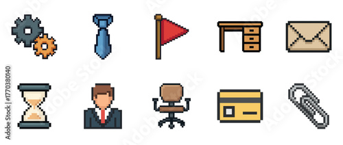 Pixel art office icons: gear, tie, flag, desk, envelope, hourglass, person, chair, card, paperclip