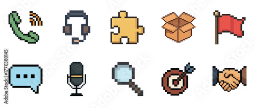 Set of 10 pixel art icons: communication, tools, and objects