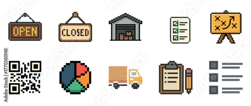 Set of 10 retro pixel icons: open, closed signs, warehouse, checklist, qr code, pie chart, truck, clipboard