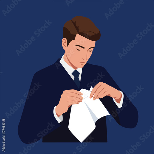 A formally dressed man examines a white napkin. He is wearing a dark suit with a tie and looking down