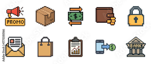 Set of pixel art icons for business and finance: promotion, package, currency, wallet, security