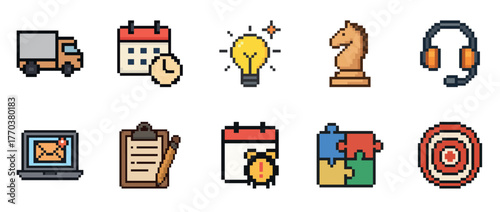 Pixel art icons: truck, calendar, lightbulb, chess, headphones, laptop, clipboard, puzzle, target