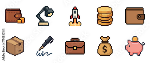 Set of pixel art icons: finance, office, rocket, writing, business, savings