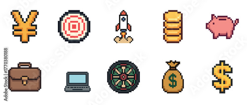 Retro pixel art icons of currency and business items: yen, bullseye, rocket, piggy bank, briefcase, laptop, roulette, money bag, dollar sign