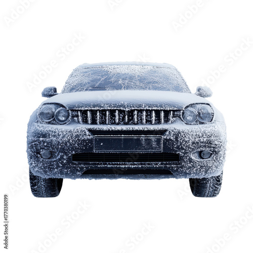 Car covered in snowfall on transparent background