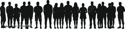 Silhouette group of diverse people standing in line, men and women figures, crowd concept for demographics, teamwork, society, community, equality, social themes